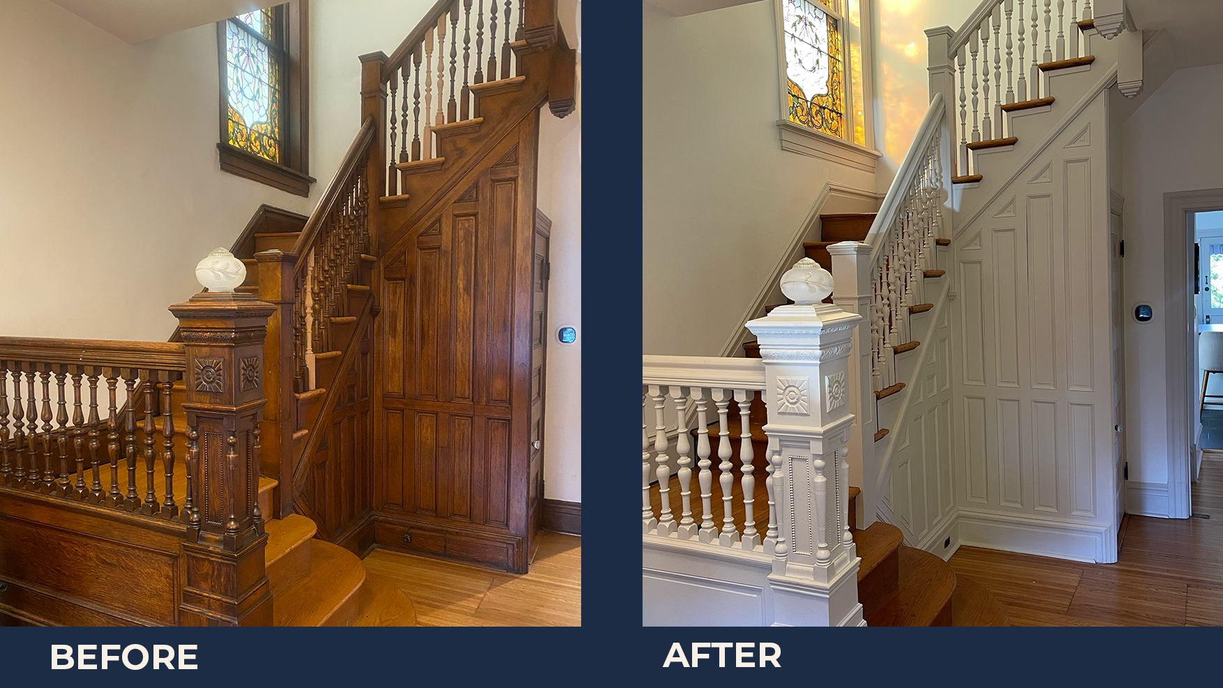 Side-by-side comparison of a staircase before and after renovation. The 'before' image shows a dark wood staircase with ornate detailing and stained glass window. The 'after' image depicts a painted white staircase with a simpler design, new stained 