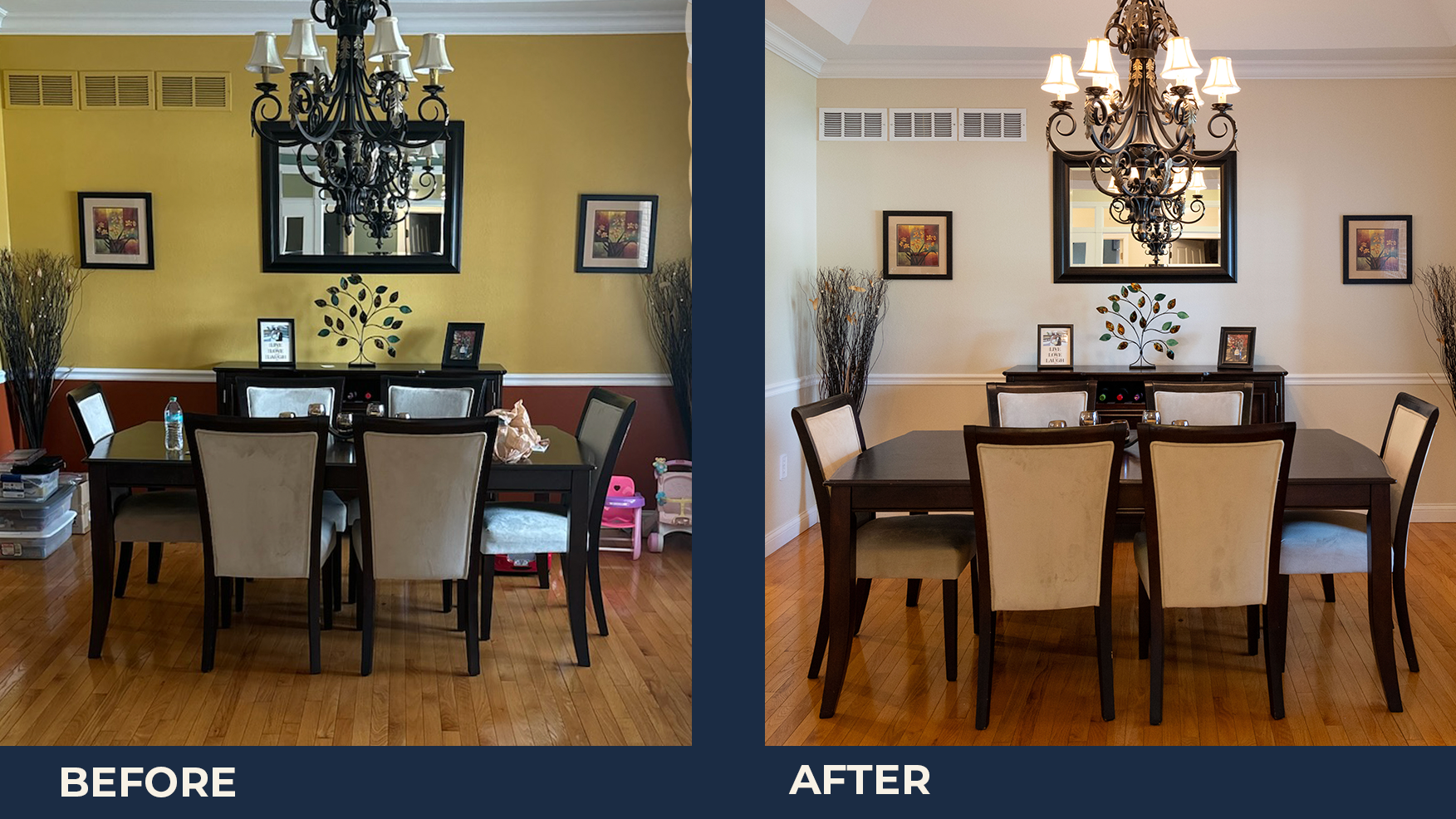 Side-by-side comparison of a dining room before and after cleaning. The "Before" image shows a yellow wall with a black chandelier, two framed pictures, and a sideboard with decorative items, including a plant sculpture and picture frames. The "After