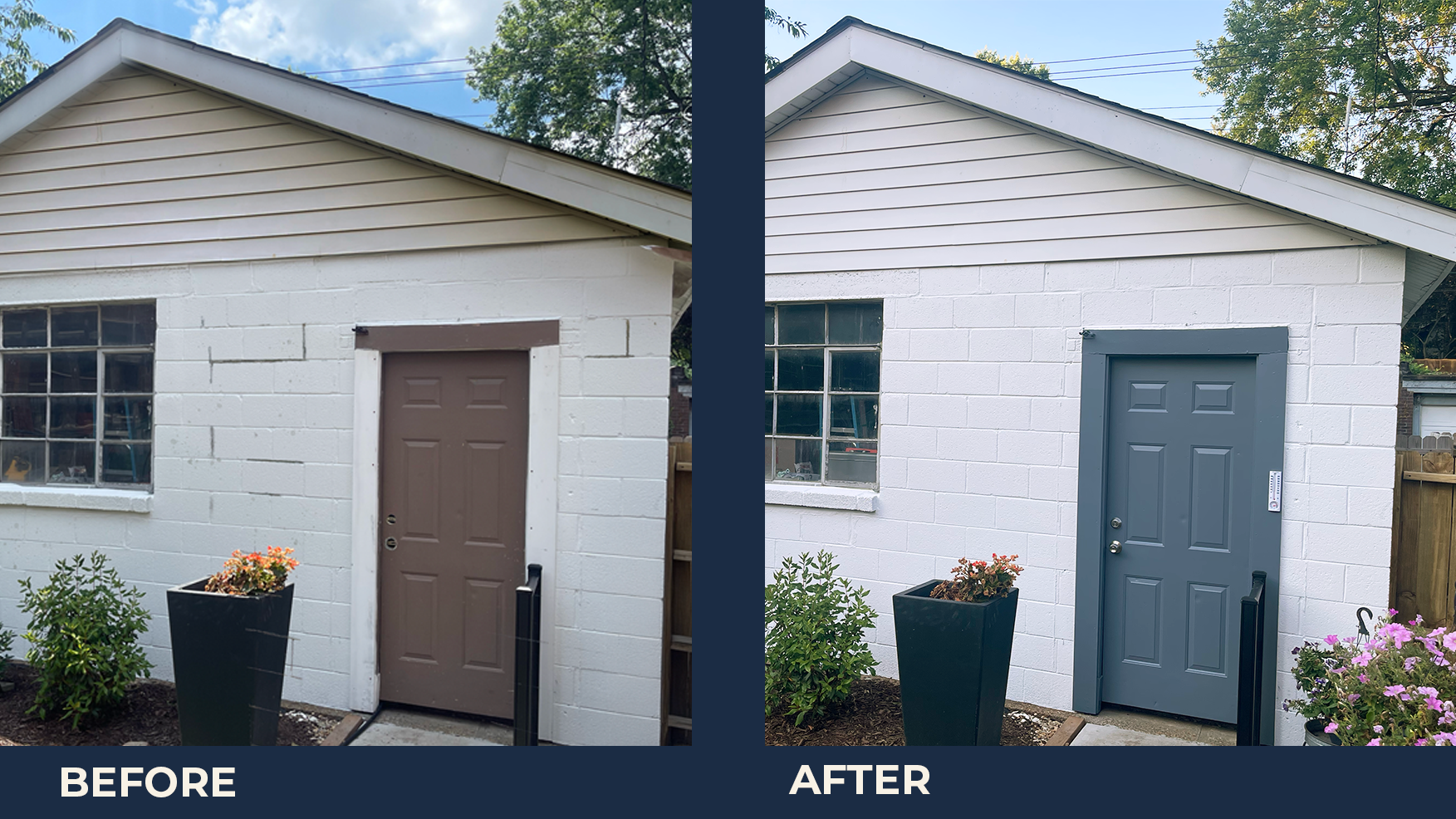 Side-by-side comparison photo of a small white brick house with a gable roof, before and after painting the front door. In the 'before' image, the door is painted brown; in the 'after' image, the door is painted blue. There are plants in pots near th