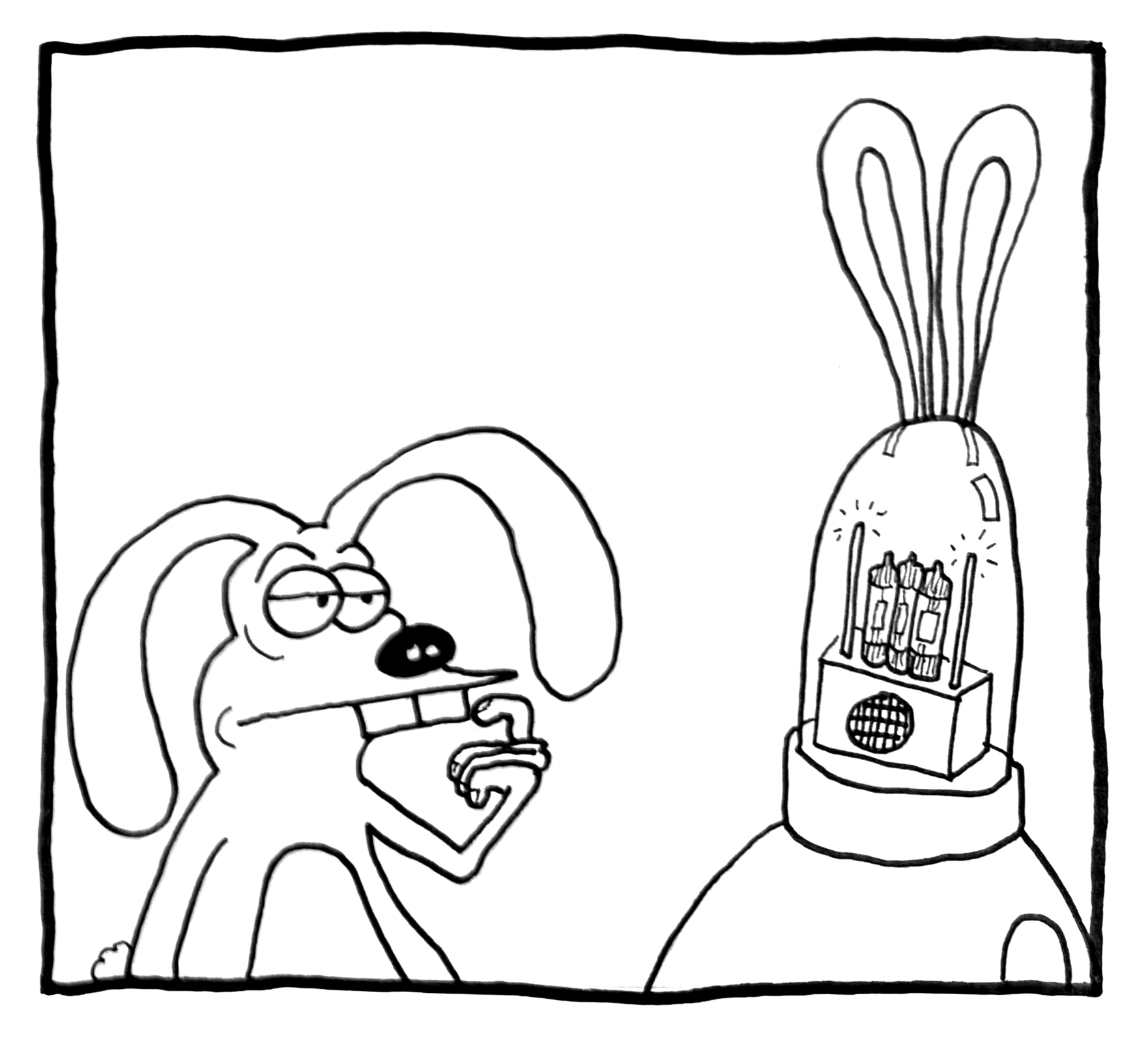 A cartoon dog with droopy ears and half-closed eyes is sitting near a rocket, holding a lollipop in its paw and appearing pensive.