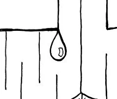 A simple black and white line drawing of a water droplet falling from a pipe or faucet.
