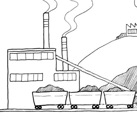 Black and white drawing of an industrial factory with smokestacks, production building, and conveyor system transporting rocks into mine carts.
