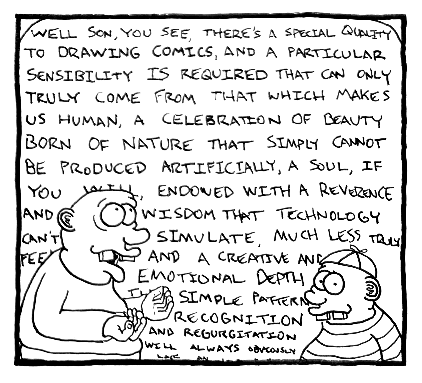 A comic strip with two characters, one older man and a younger boy, having a conversation about drawing comics and the importance of emotion and complexity in art.