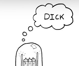 A cartoon drawing of a tomb with candles inside and a thought bubble above it containing the word 'DICK'.