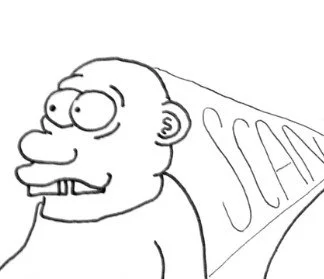 A cartoon drawing of a person with large eyes and a big mouth, about to eat a large sandwich.
