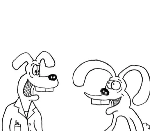 Black and white cartoon drawing of two dogs having a conversation, both smiling with exaggerated features.