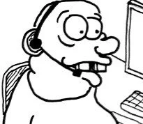 A cartoon illustration of Homer Simpson wearing headphones and using a computer.