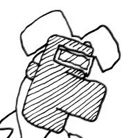 Line drawing of a person wearing glasses and a cap, with a mustache, viewed from the front.