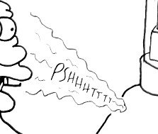 A cartoon character exhaling a puff of air toward a toilet, producing a fart sound.