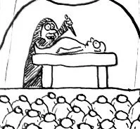 A skeleton playing a guitar on a stage in front of an audience.