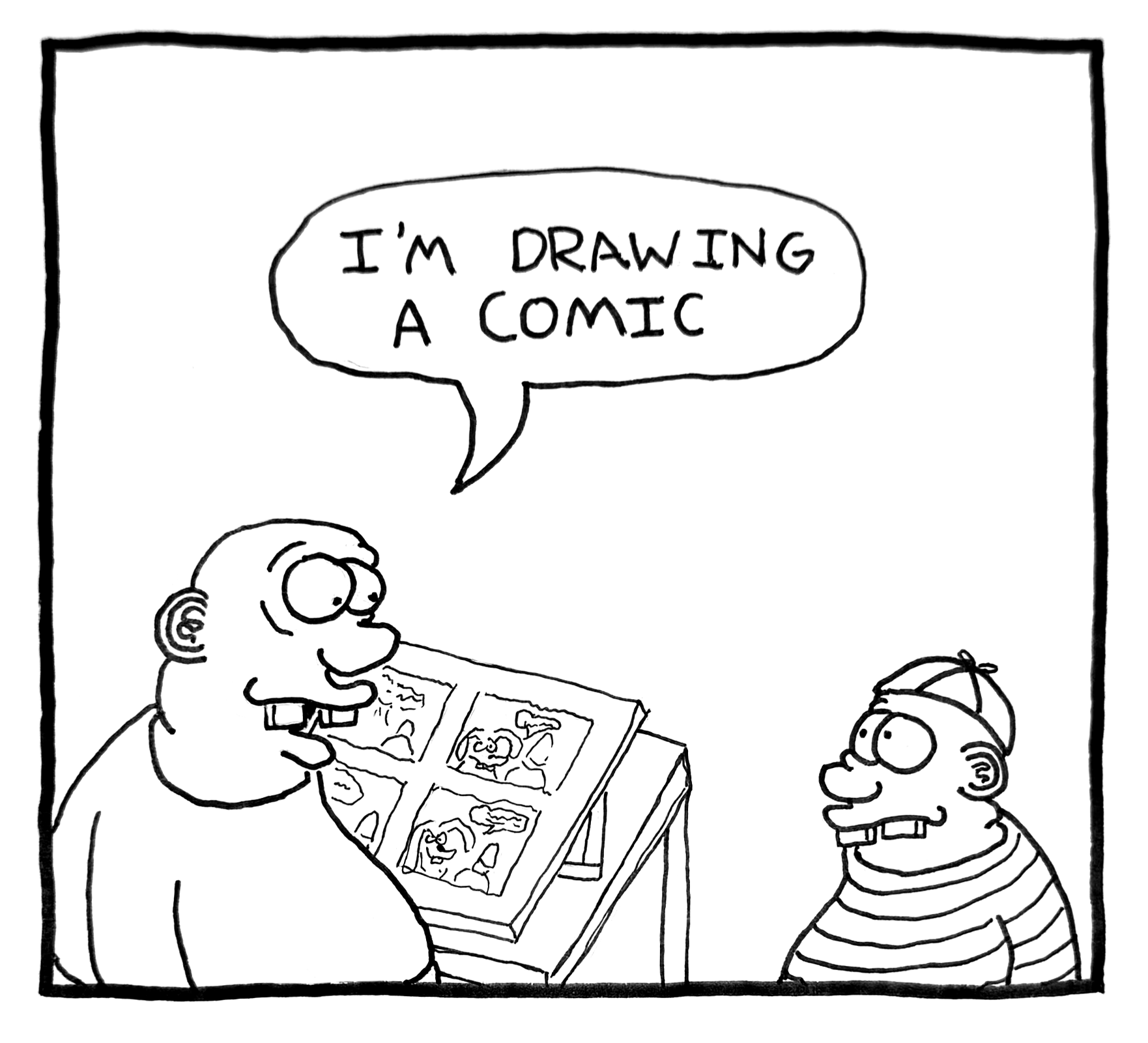 A comic artist showing sketches of comic characters to a young boy wearing striped shirt and a cap, with a speech bubble saying, 'I'm drawing a comic'.