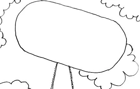 Simple black and white drawing of an oval-shaped sign on two legs, surrounded by fluffy clouds and a few clouds in the background.