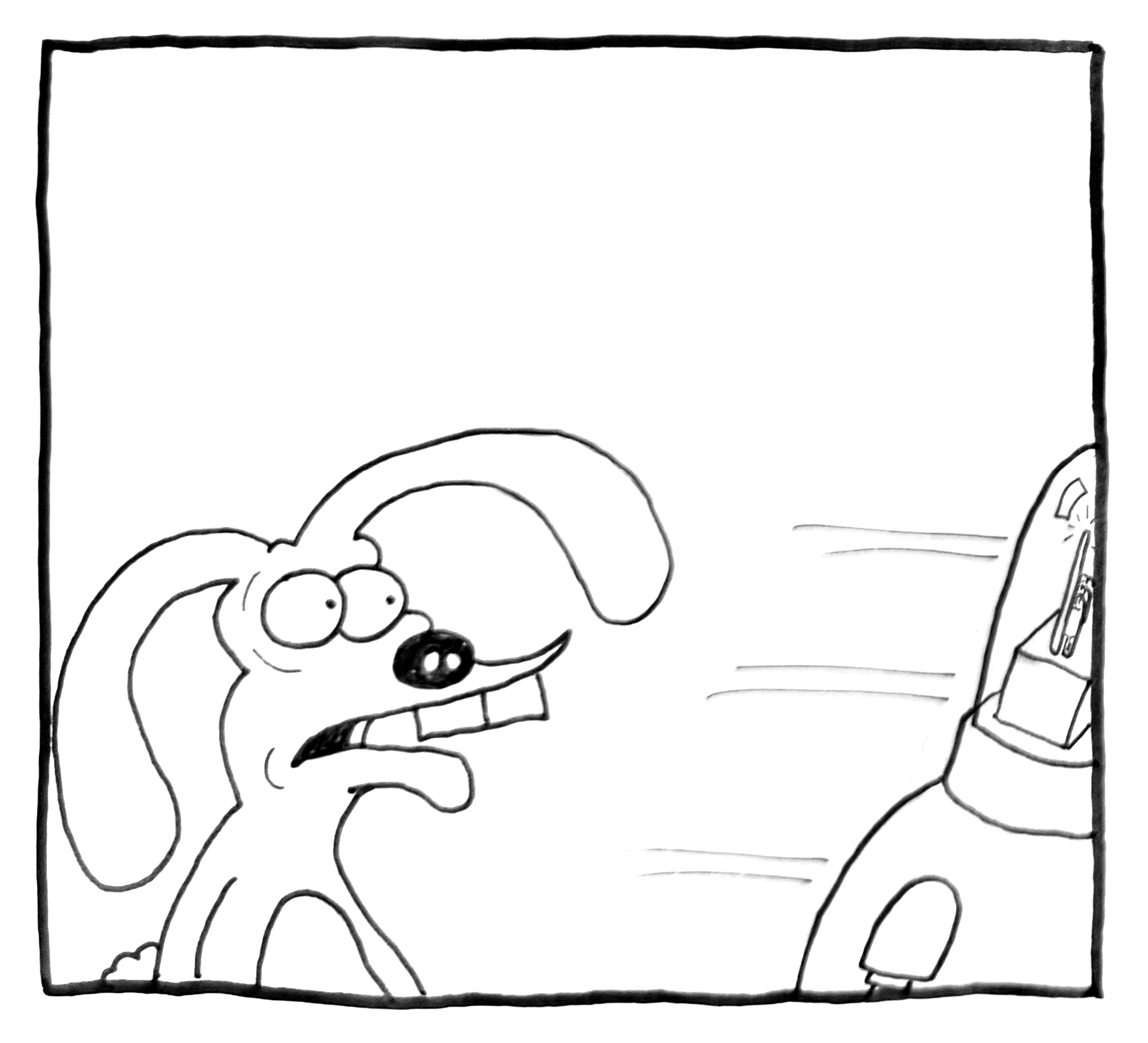 A cartoon dog with floppy ears and wide eyes looking at a remote control with their tongue sticking out, in black and white.