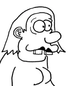 A black-and-white cartoon drawing of a character with glasses, large nose, and long hair, looking surprised or worried.