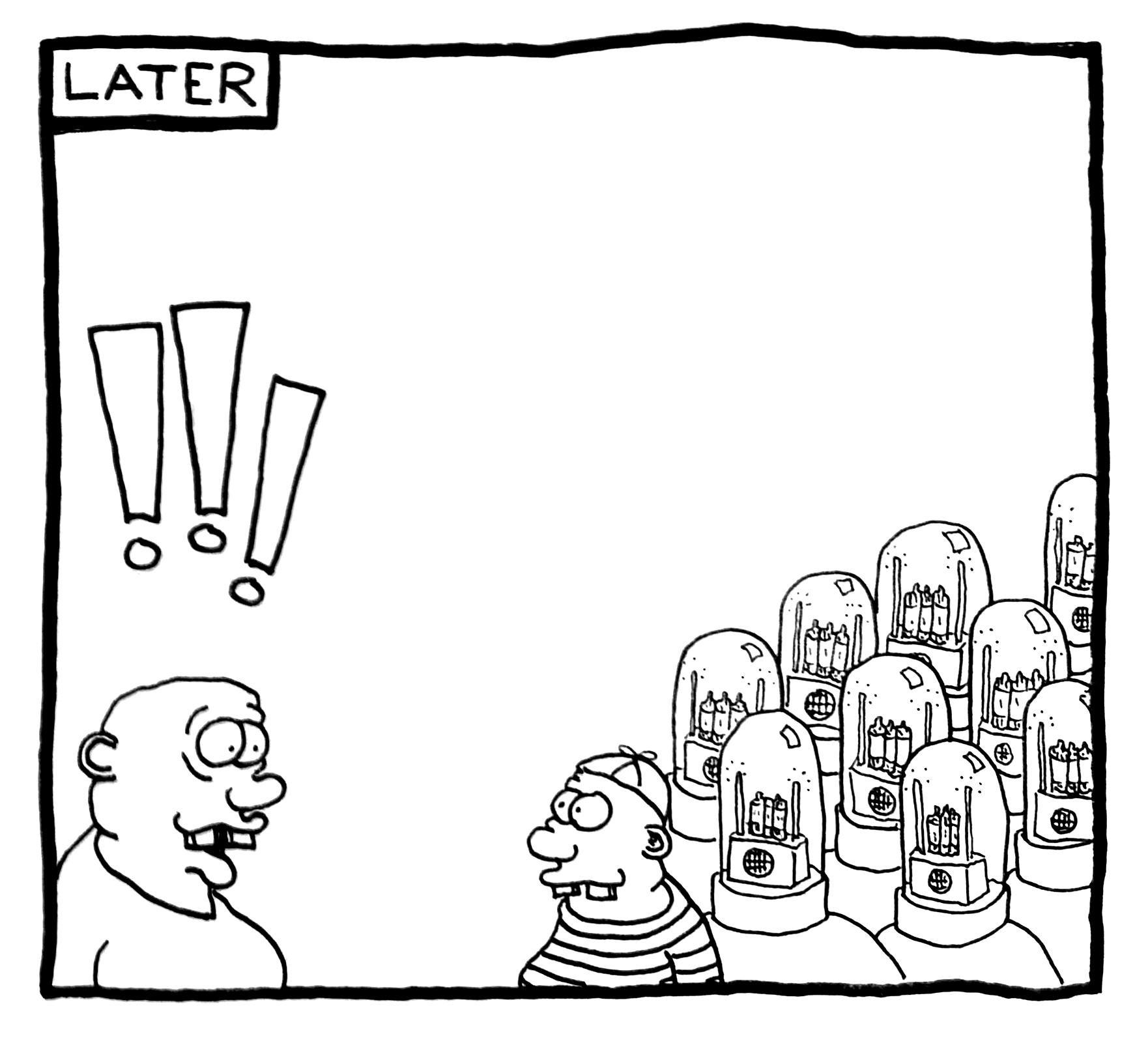A comic strip panel labeled 'LATER' showing two characters talking, with several gumball machines in the background.