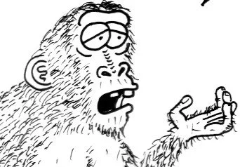 A cartoon monkey with glasses and unkempt hair, holding a small object in its hand, appearing to be talking or explaining something.