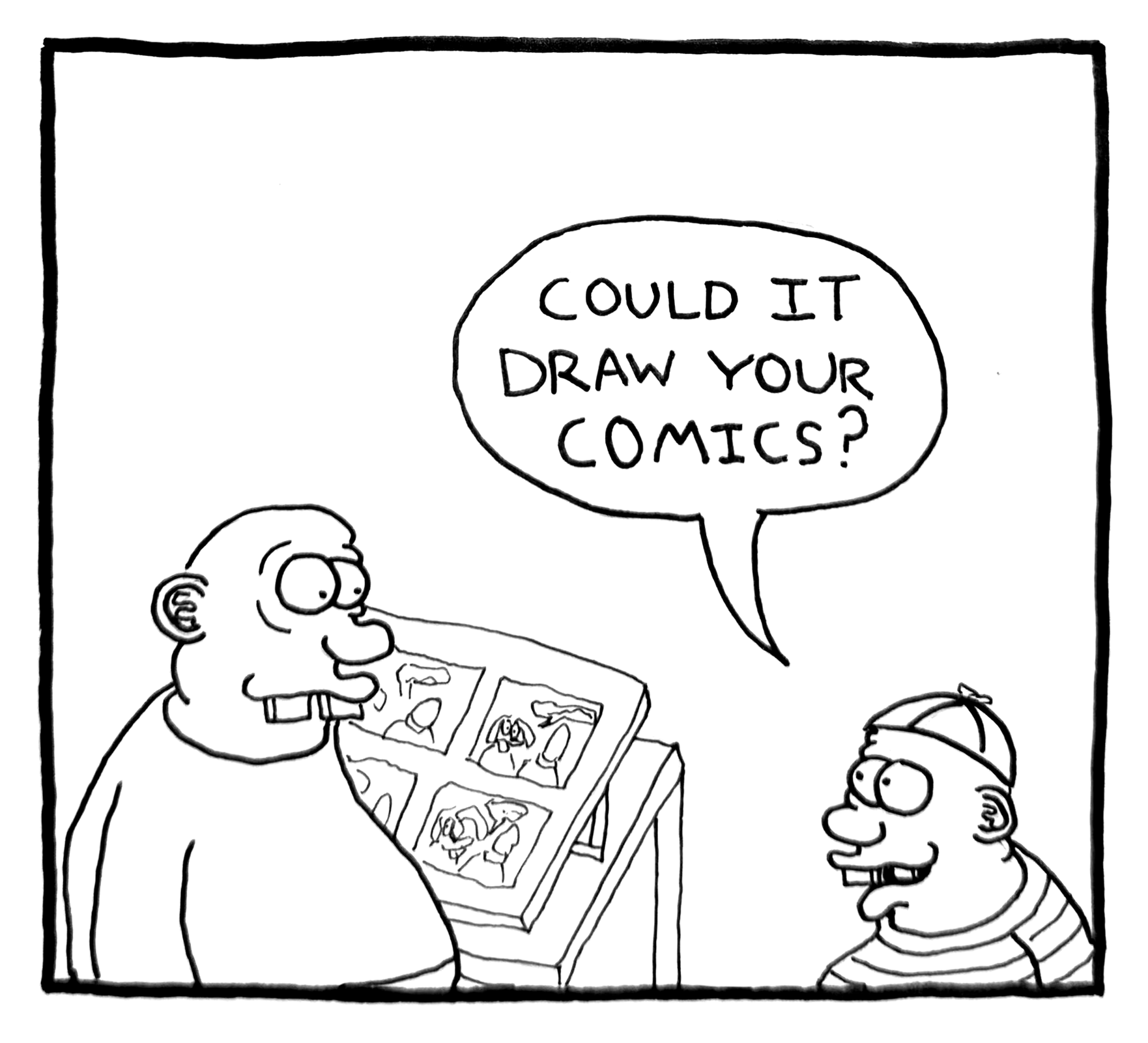 A comic strip showing two characters, one asking the other if he could draw his comics. The character on the left is an artist with a sketchbook, and the character on the right is a fan wearing a cap and striped shirt.