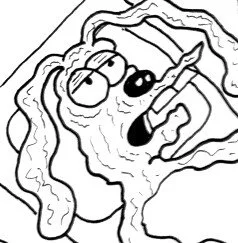 A cartoon dog with glasses and a curious expression, wrapped in spaghetti.