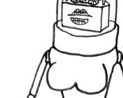 Sketch of a person with a box on their head, gross teeth, and wearing shorts.
