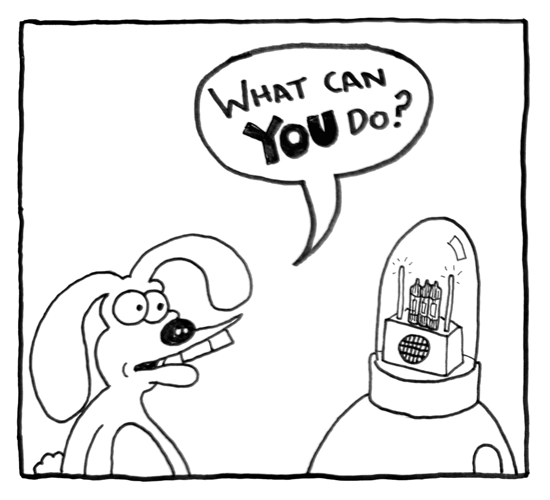 A cartoon dog with big eyes and a clipboard in its mouth talks to a small robot with candles on it, asking, 'What can you do?'