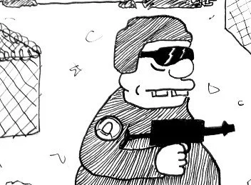 Drawing of a cartoon character wearing a beanie and sunglasses, holding a gun.