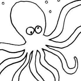 A cartoon octopus with large eyes and eight tentacles, drawn in black and white.
