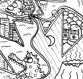 A coloring page featuring a dragon playing a guitar, a cityscape with buildings and a street, and a rocketship.