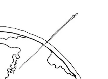 A black-and-white line drawing of a globe with a magnifying glass focusing on a section of the Earth's surface.