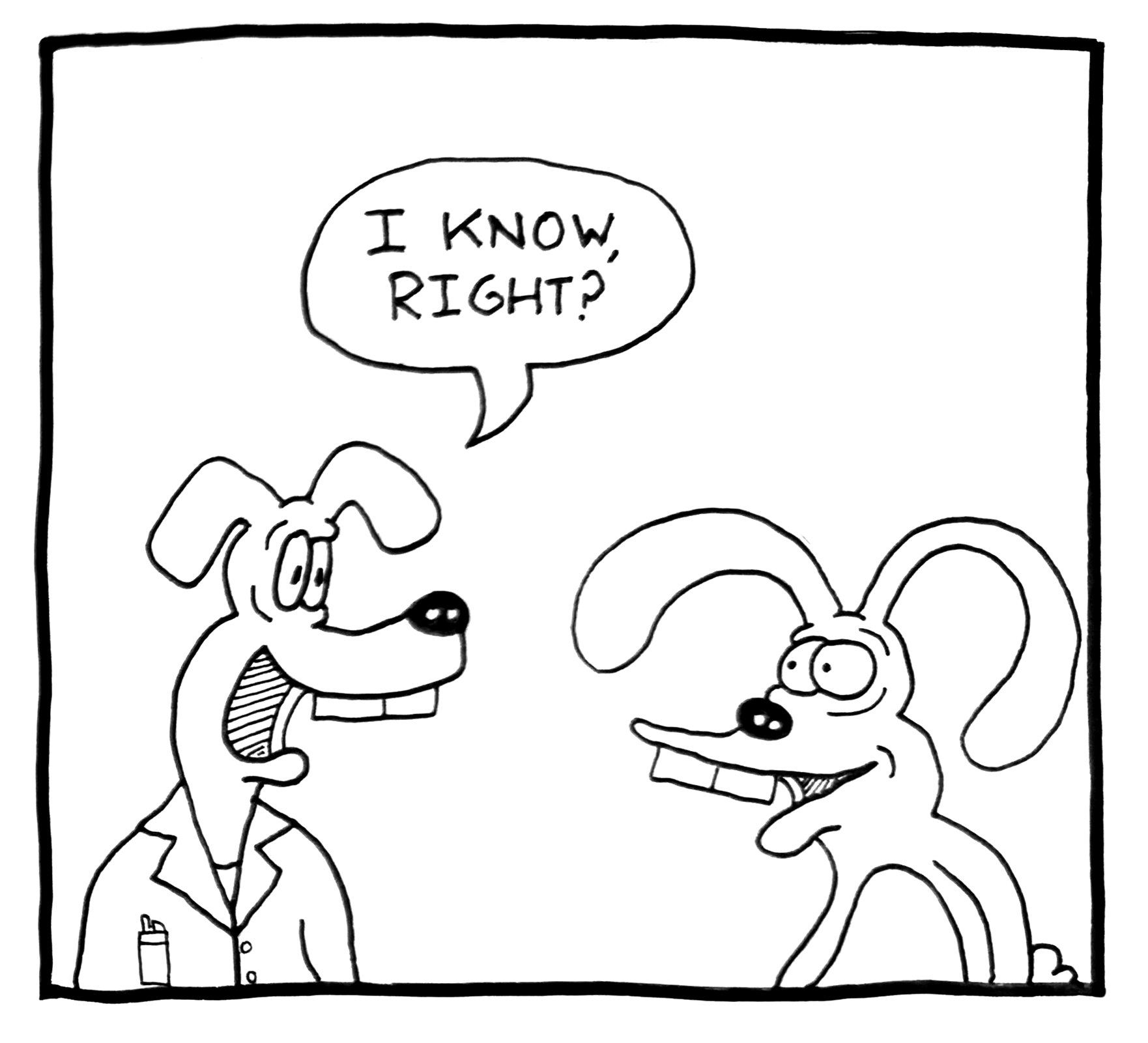 Cartoon drawing of a dog wearing a lab coat and a dog with long ears and a long nose, with the dog on the left saying, "I know, right?"