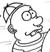Cartoon drawing of a man with glasses, a hat, and a striped shirt, appearing to be surprised or shocked.