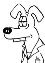 A cartoon dog wearing a lab coat with a pocket and a pen, with a mischievous expression and one raised eyebrow.