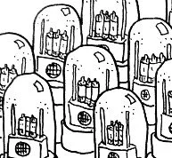 Line of vintage radios with rounded tops, individual dials, and antennas in black and white illustration.