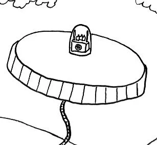 Drawing of a UFO with an alien inside, floating in the sky.