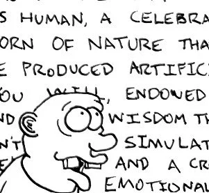 Handwritten notes with a cartoon character drawing of a smiling person with large eyes, a big nose, and an open mouth.