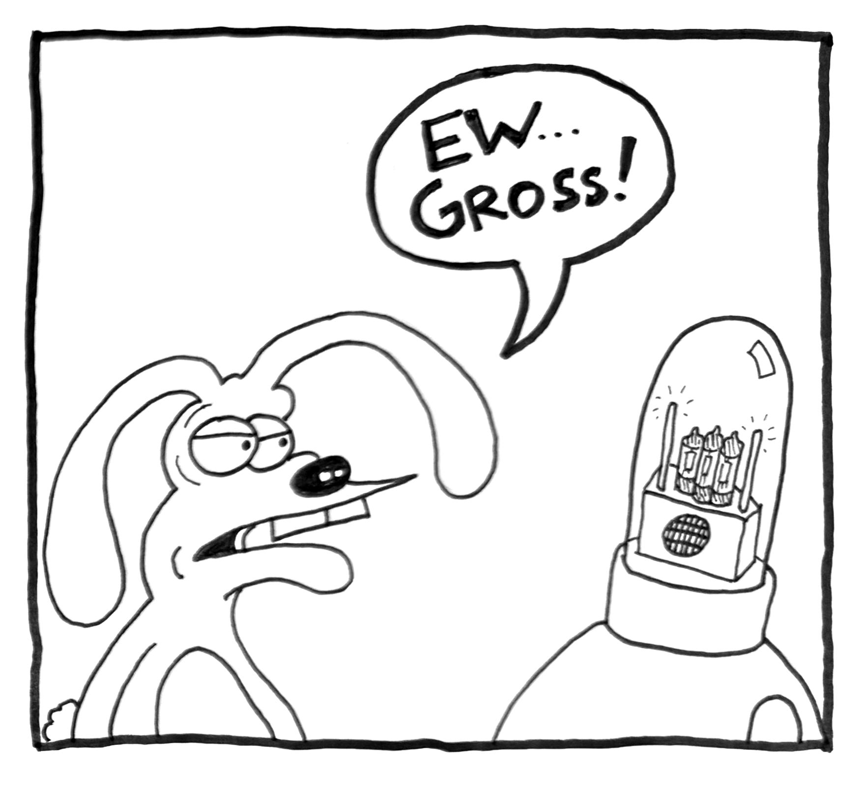 A cartoon dog with droopy ears and a sad expression looking at a candle with a small speaker underneath. The dog is speaking a speech bubble that says, 'EW... GROSS!'