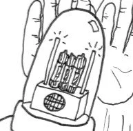 Close-up of a hand holding a small electronic device with a digital display and buttons.