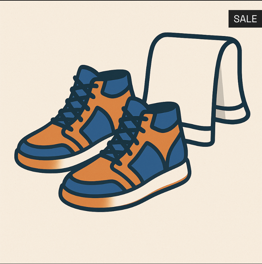 Illustration of a pair of orange and blue sneakers and a white towel with a sale tag.