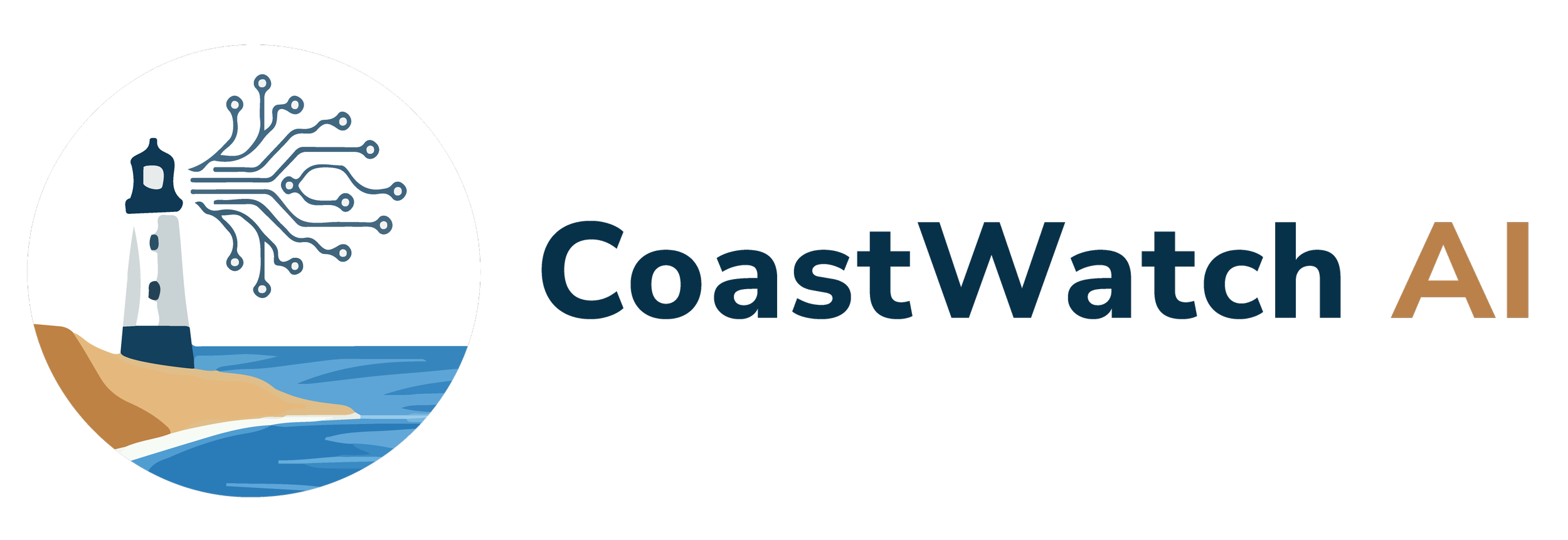 Logotipo do CoastWatch AI com uma imagem de um farol na praia ao lado de um mar azul, com o nome 'CoastWatch AI' ao lado em letras coloridas.