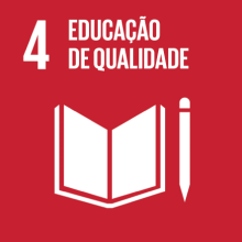 Ícone do Objetivo de Desenvolvimento Sustentável 4: Educação de Qualidade, representando um livro aberto com uma caneta.