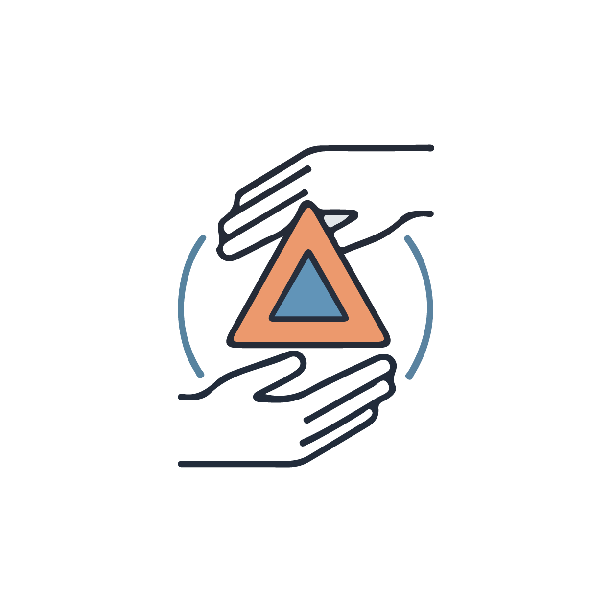 Ilustração de duas mãos segurando um triângulo com um centro azul, simbolizando cuidado ou atenção.