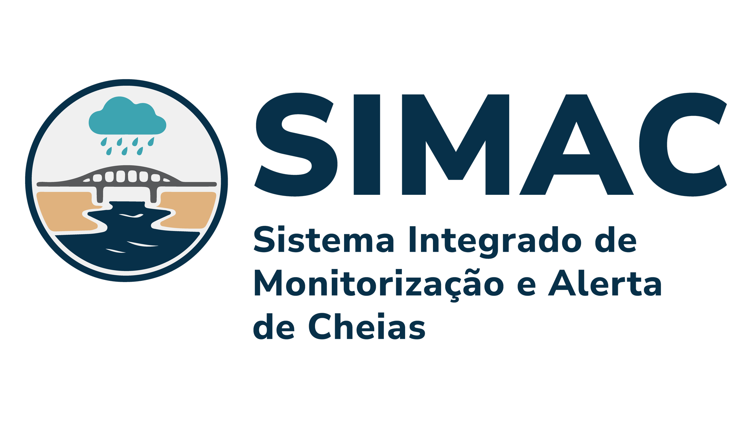 Logotipo do Sistema Integrado de Monitorização e Alerta de Cheias (SIMAC), que inclui ícone de nuvem com chuva, ponte e rio, com nome do sistema ao lado.