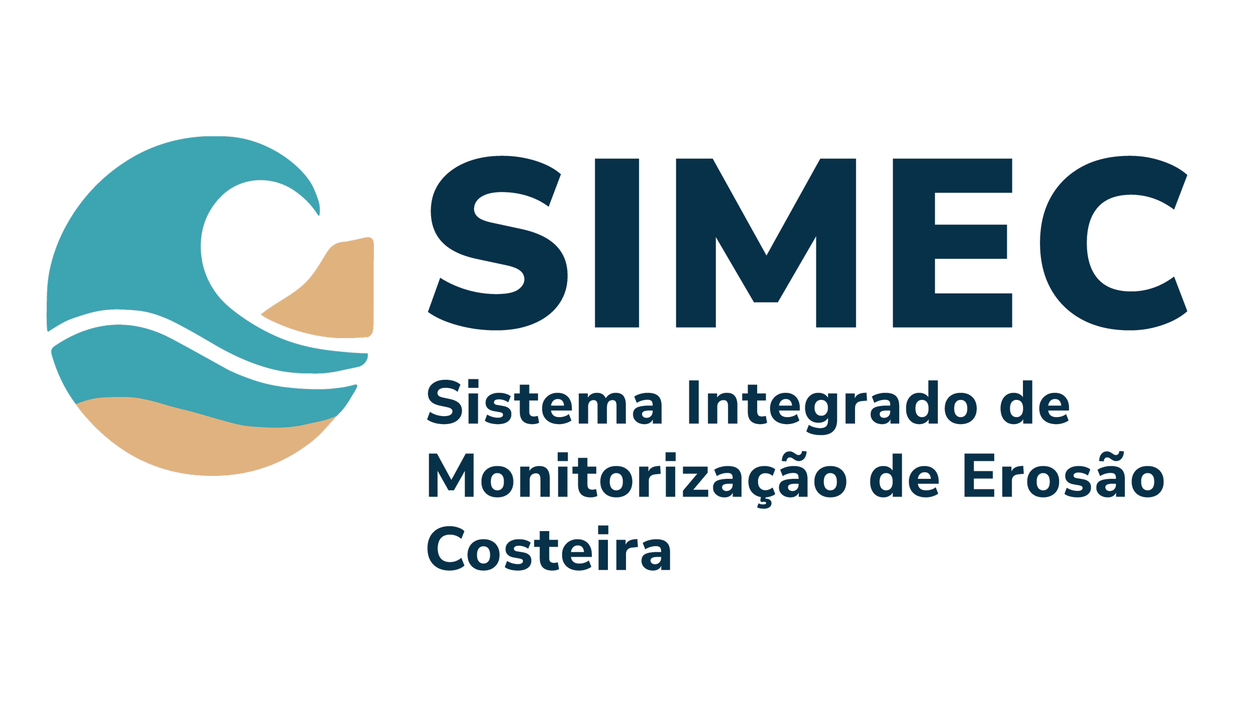 Logotipo do SIMEC, que significa Sistema Integrado de Monitorização de Erosão Costeira, apresentando um símbolo gráfico de ondas e uma faixa de areia ao lado do texto.