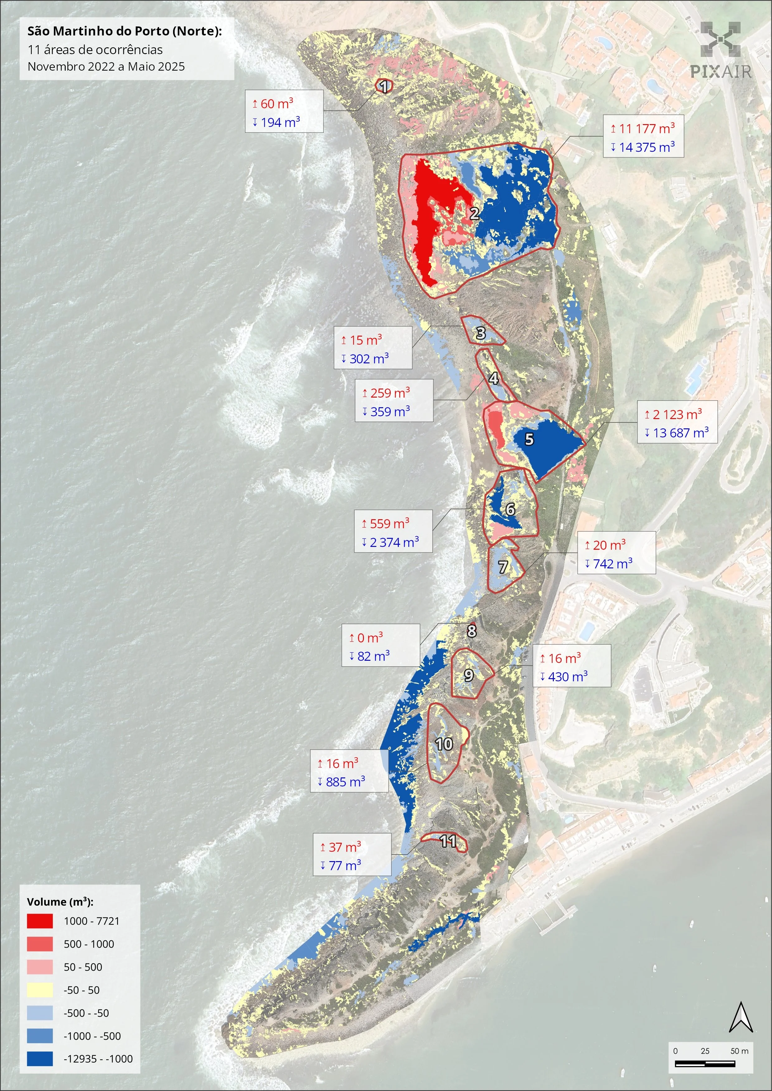 Mapa da costa de São Martinho do Porto (Norte), destacando 11 áreas de ocorrências de volume de água marinha de novembro de 2022 a maio de 2025, com variações de volume em metros cúbicos, ilustrando áreas de aumento e diminuição de volume, indicadas por cores e números de áreas no mapa.