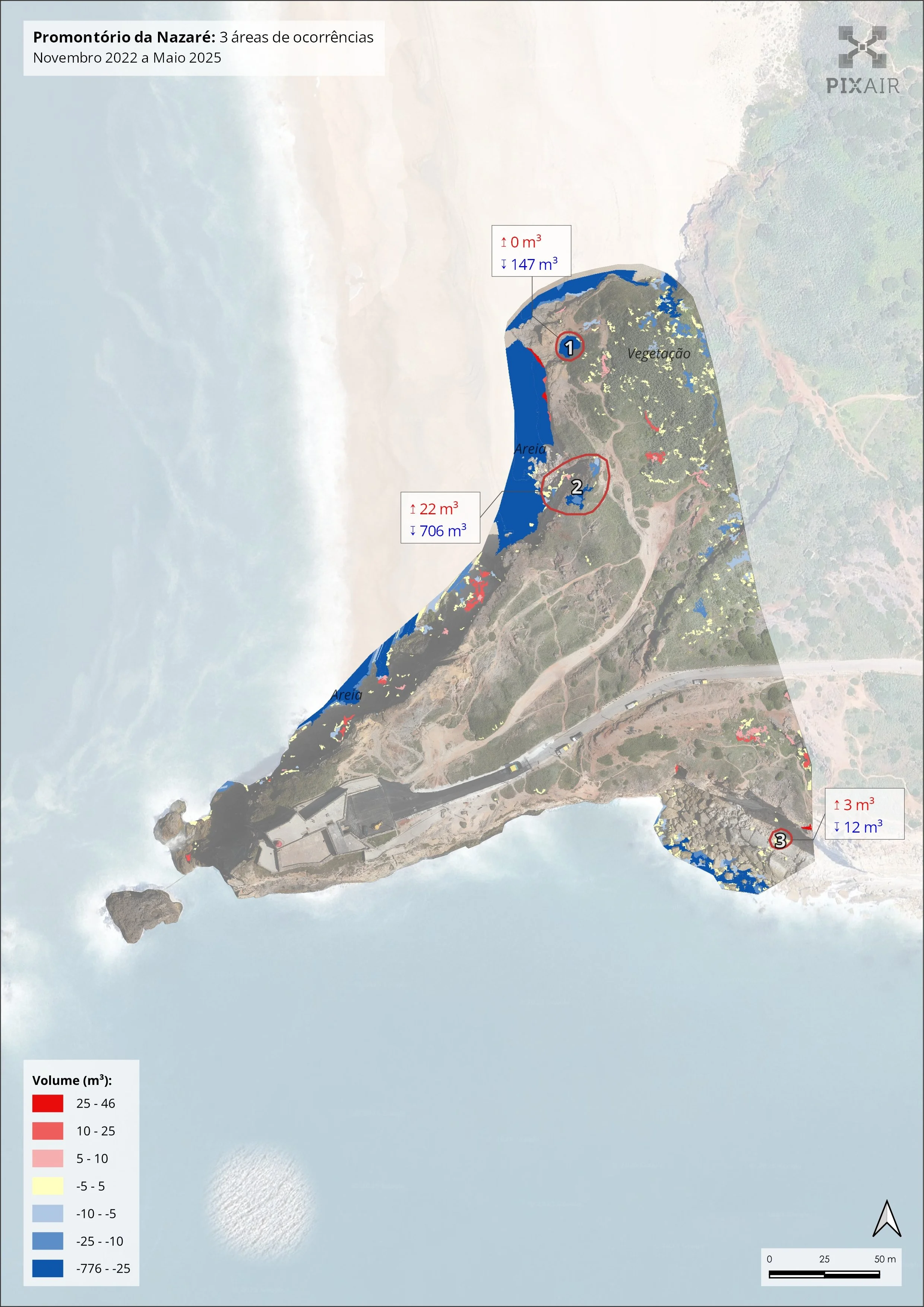 Mapa da Promontório da Nazaré mostrando áreas de ocorrências de mudança de volume de água entre novembro de 2022 e maio de 2025, com áreas em diferentes cores representando variações de volume em metros cúbicos, e pontos destacados com números 1, 2 e 3 indicando locais específicos.