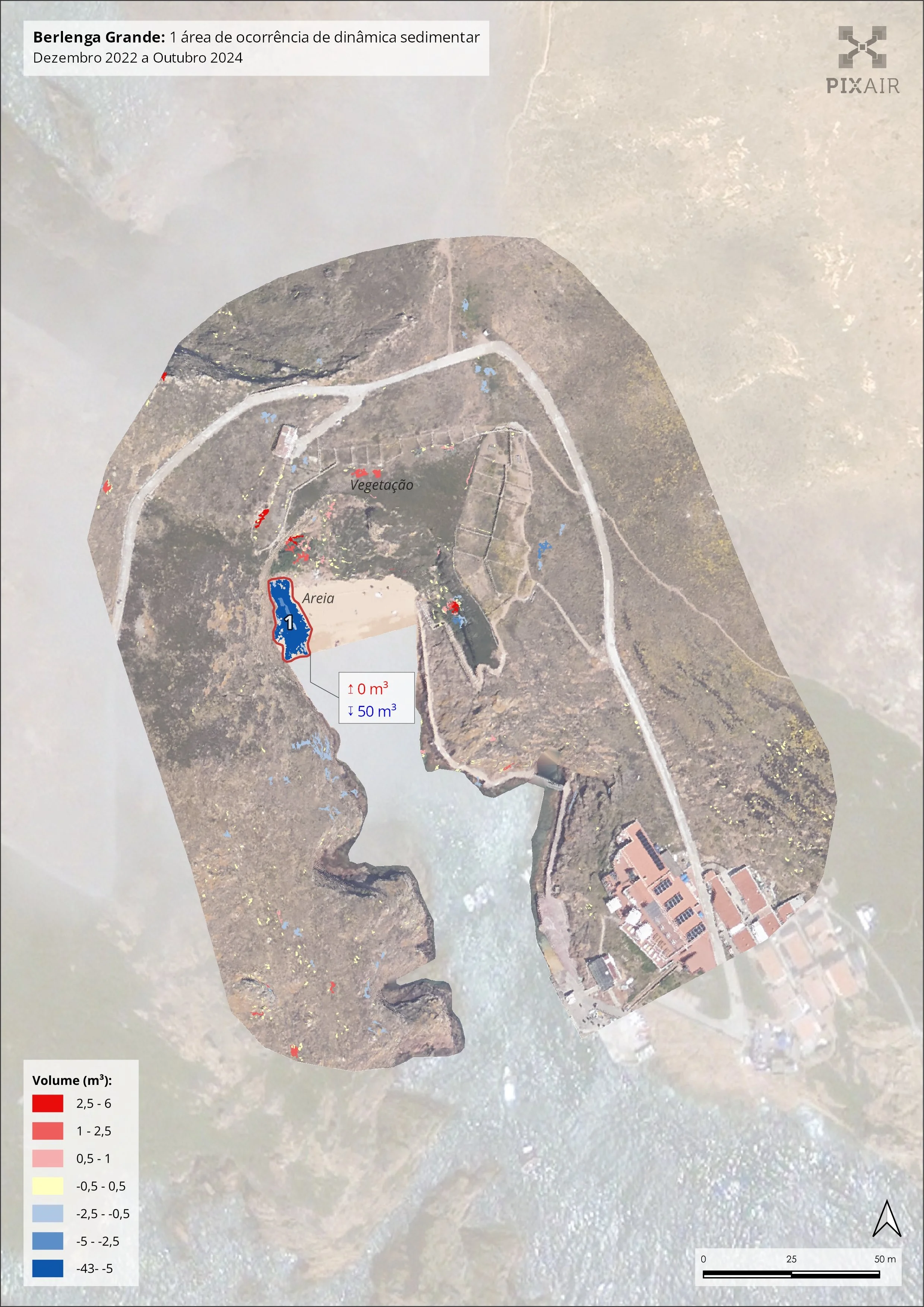 Mapa aéreo de Berlengas Grande mostrando áreas de volume sedimentar, vegetação, areia e infraestrutura, com indicações de mudanças de volume em metros cúbicos, localizado na ilha e com escala de 0 a 50 metros.