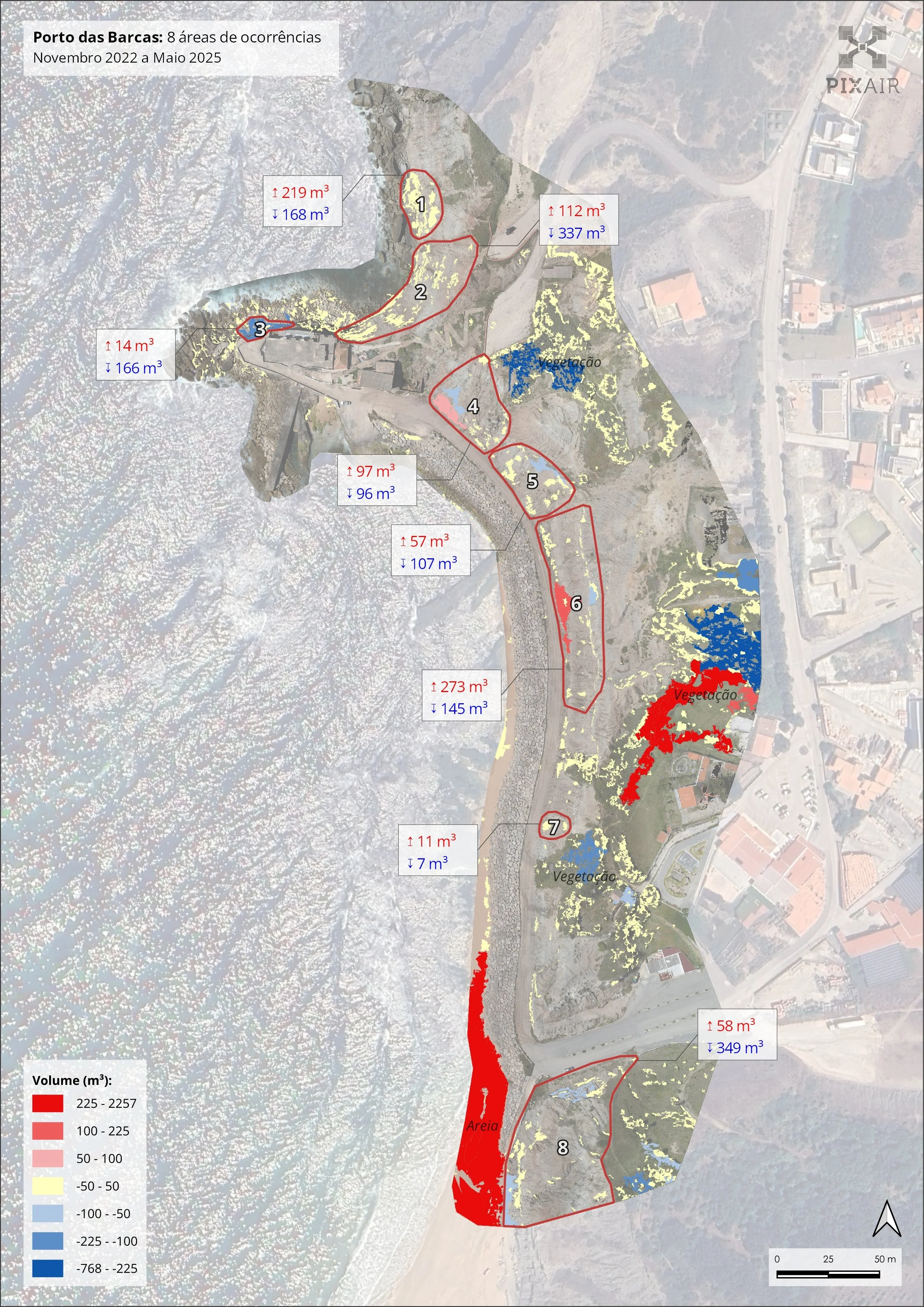Mapa da área de Porto das Barcas mostrando oito zonas de ocorrência de mudança de volume de água entre novembro de 2022 e maio de 2025, com indicações de aumento e diminuição do volume em metros cúbicos, áreas de vegetação, areia e outras formações geológicas, além de dados de volume e escala em metros.