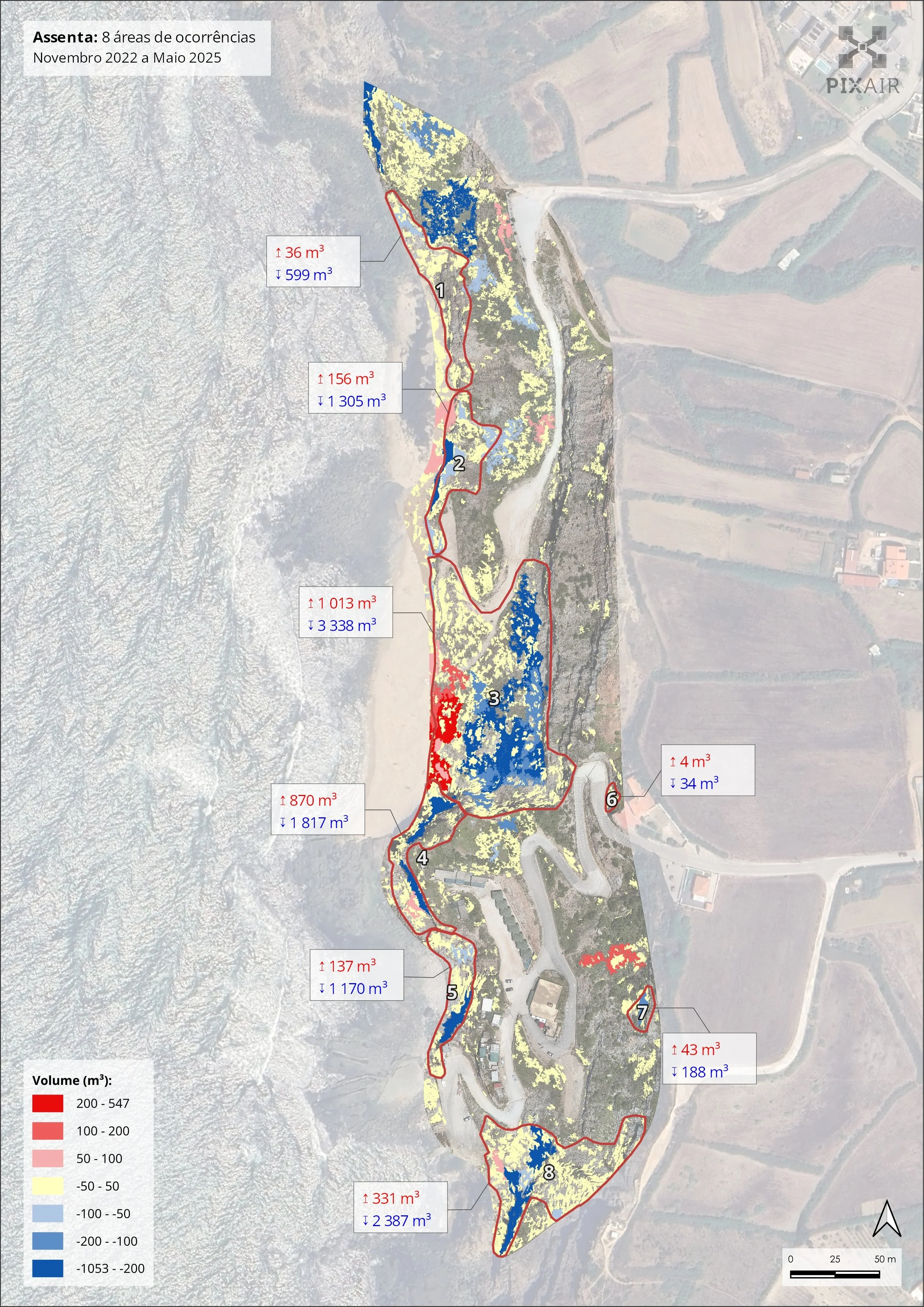 Mapa de oito áreas de ocorrências de volume de água em metro cúbico, mostrando variações de aumento e diminuição entre novembro de 2022 e maio de 2025, com diferentes cores representando volumes de água em diferentes regiões.