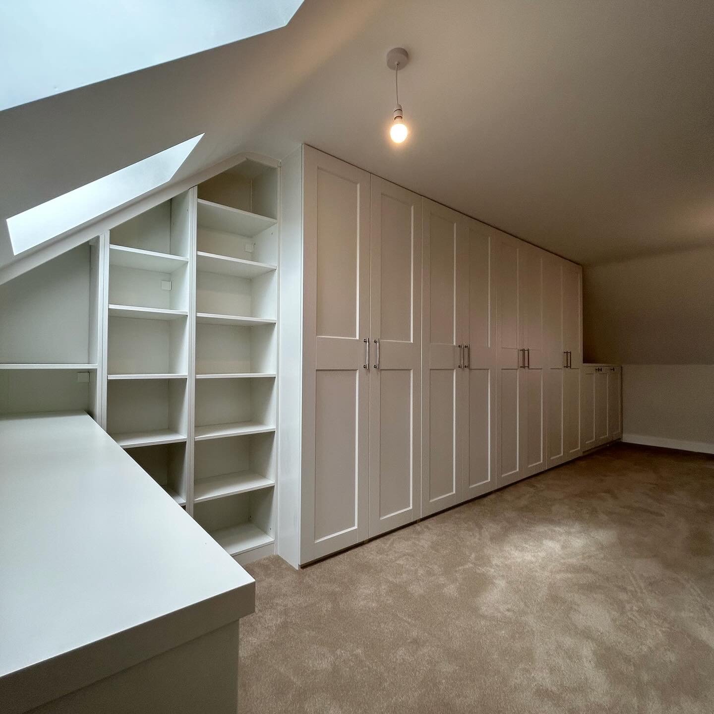 Empty walk-in closet with beige carpet, white built-in cabinets, and an angled ceiling with a skylight.