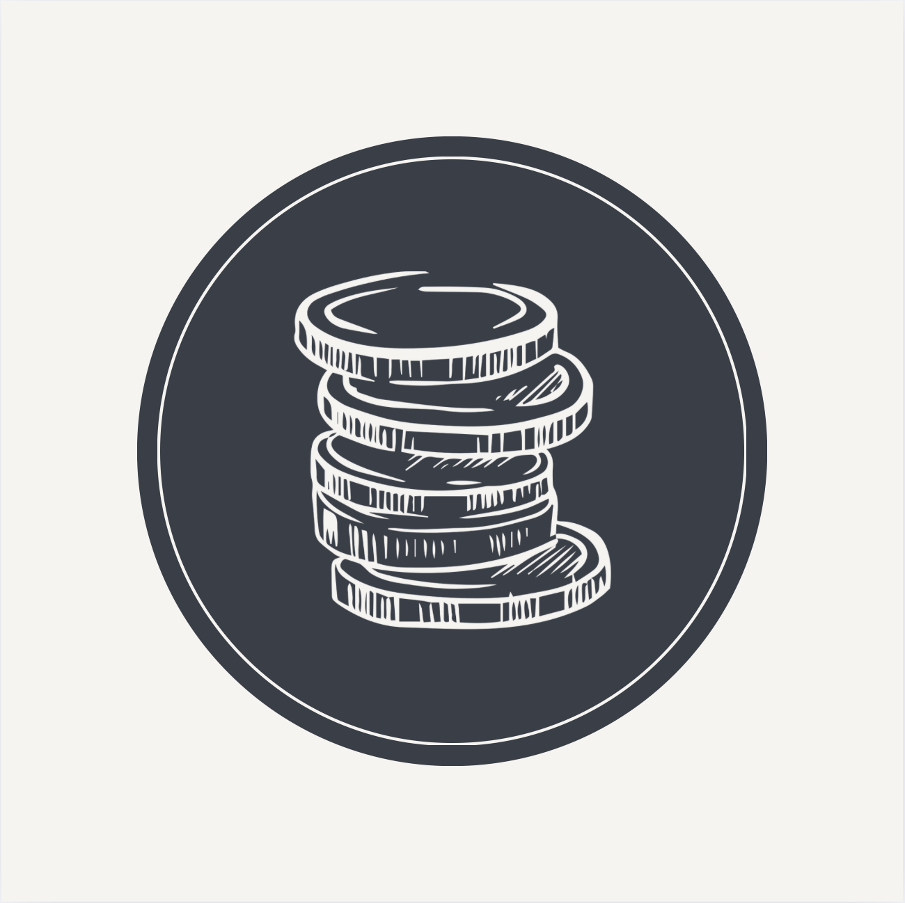 Cartoon-style drawing of a stack of coins inside a dark circle on a light background.
