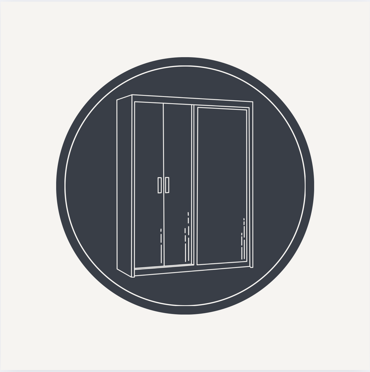 Line drawing of a wardrobe with two doors, depicted in a circular frame.